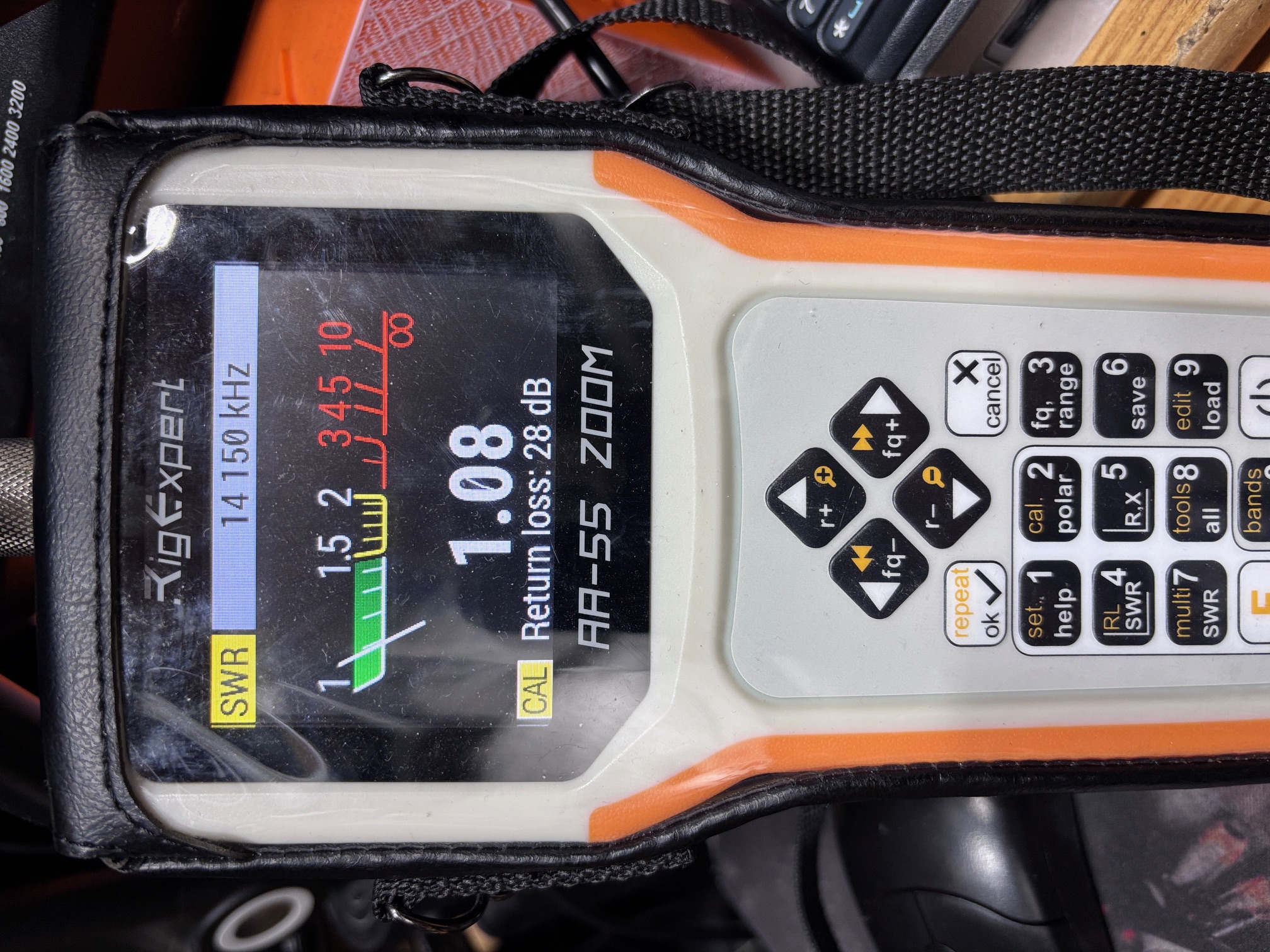 RigExpert SWR 1.08 pri 14.150 MHz (Return loss 28 dB)