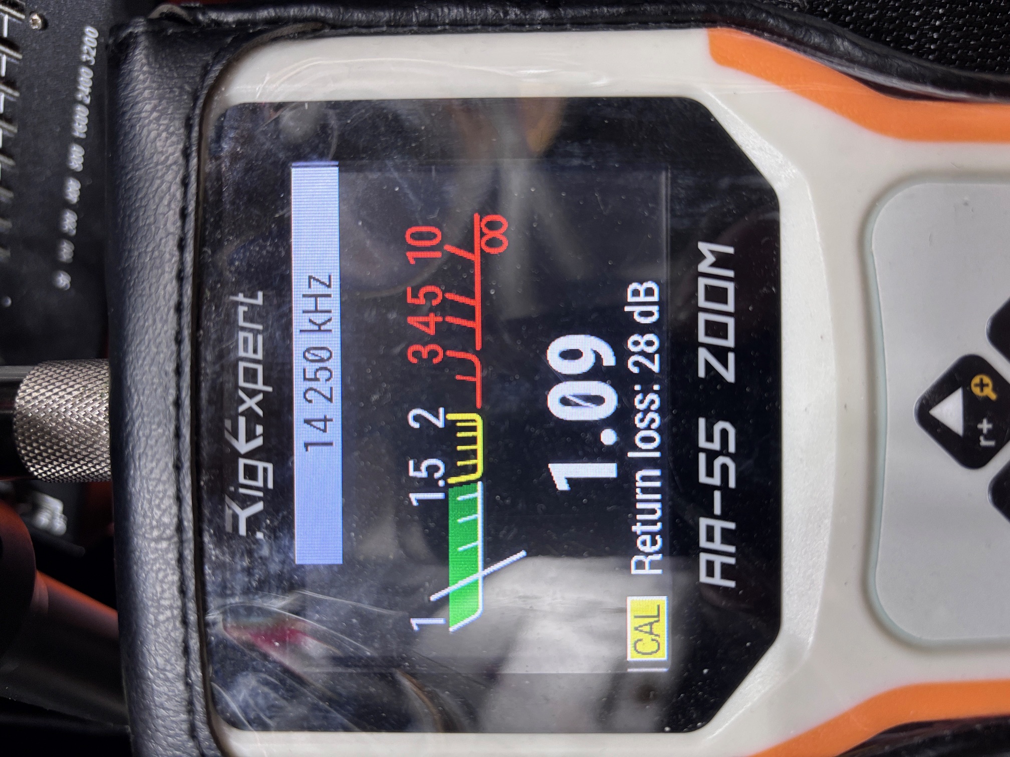 RigExpert SWR 1.09 pri 14.250 MHz (Return loss 28 dB)